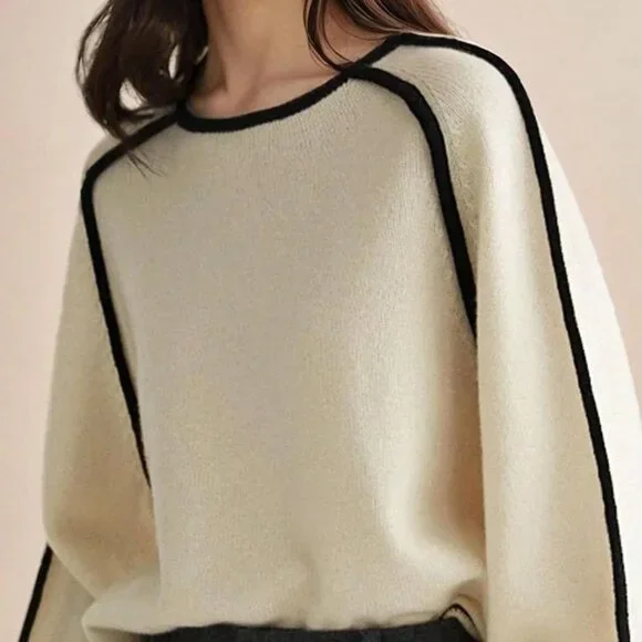 Black And White Casual Women's Contrast Color Knitted Loose Crew Neck Sweater - Picture 1 of 3